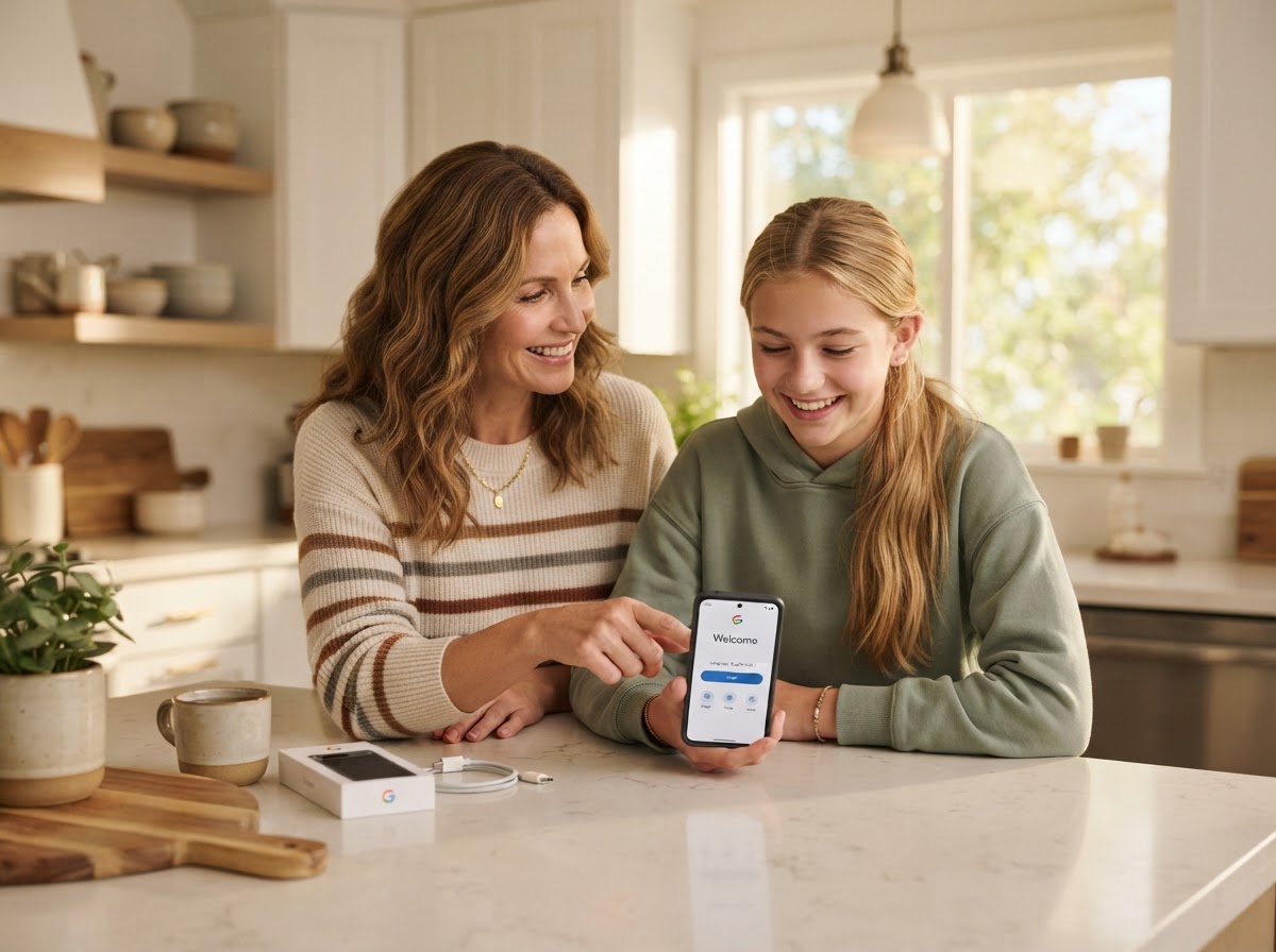 Familia configurando un teléfono